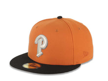 Load image into Gallery viewer, San Diego Padres New Era MLB 59FIFTY 5950 Fitted Cap Hat Dark Orange Crown Black Visor Metallic Silver/White P Logo 25th Anniversary Side Patch
