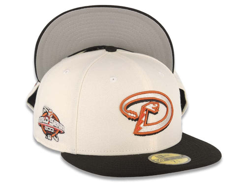 Arizona Diamondbacks New Era MLB 59FIFTY 5950 Fitted Cap Hat Cream Crown Black Visor Metallic Silver/Orange Snake Logo 2001 World Series Side Patch