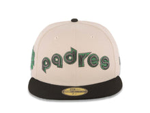 Load image into Gallery viewer, San Diego Padres New Era MLB 59FIFTY 5950 Fitted Cap Hat Stone Crown Black Visor Metallic Black/Metallic Green Script Logo Stadium Side Patch Green UV
