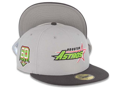 Houston Astros New Era MLB 59FIFTY 5950 Fitted Cap Hat Gray Crown Dark Gray Visor Lime Green/Red Logo 60th Anniversary Side Patch Gray UV
