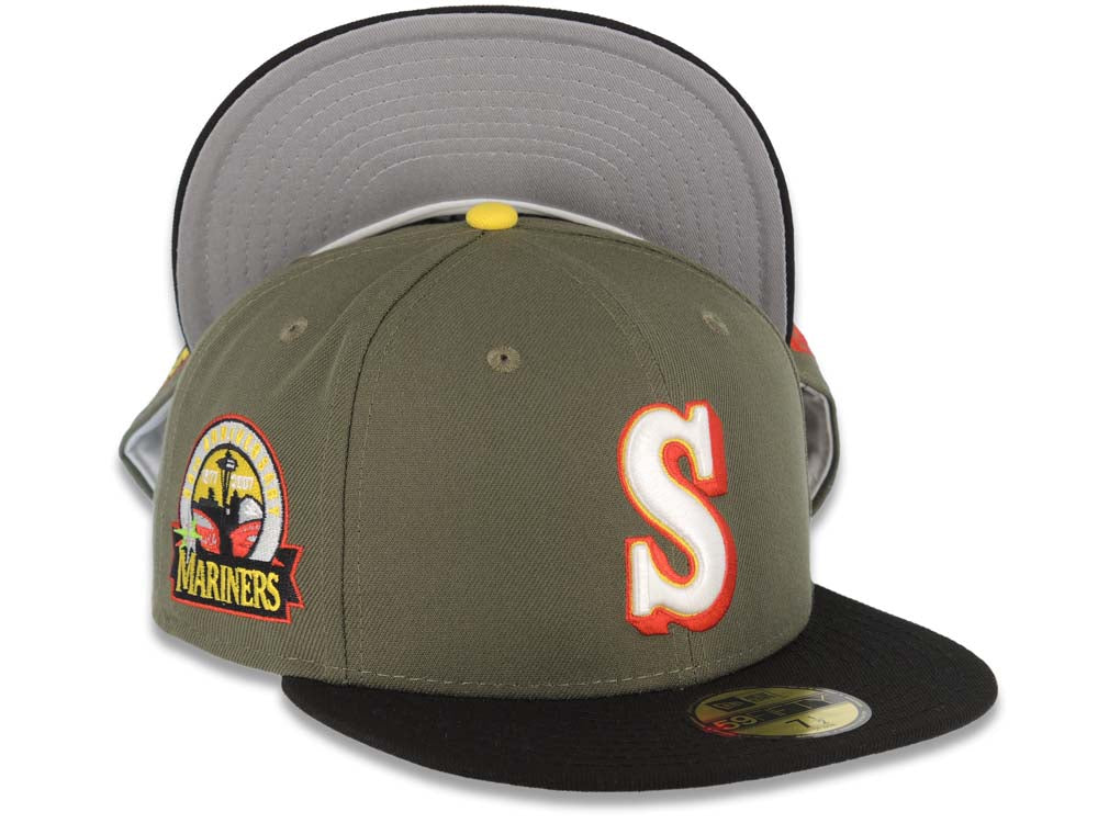 Seattle Mariners New Era MLB 59FIFTY 5950 Fitted Cap Hat Olive Green Crown Black Visor Glow White/Red/Yellow Logo 30th Anniversary Side Patch Gray UV