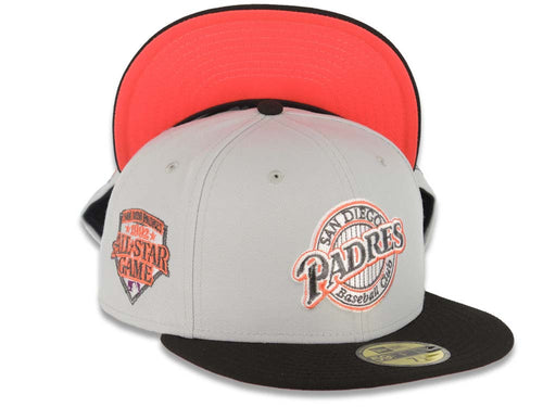 San Diego Padres New Era MLB 59FIFTY 5950 Fitted Cap Hat Gray Crown Black Visor Metallic Black/Lava Red Logo 1992 All-Star Game Side Patch Lava Red UV