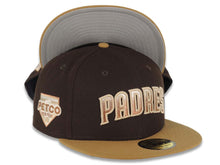 Load image into Gallery viewer, San Diego Padres New Era MLB 59FIFTY 5950 Fitted Cap Hat Dark Brown Crown Wheat Visor Matallic Brown/Cream Gradient Logo Petco Park Side Patch Gray UV
