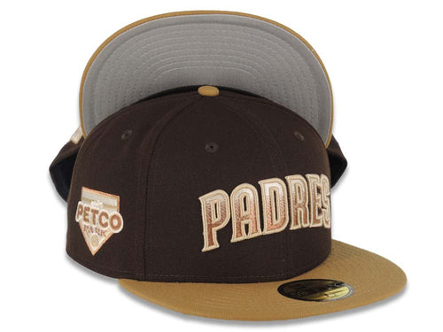 San Diego Padres New Era MLB 59FIFTY 5950 Fitted Cap Hat Dark Brown Crown Wheat Visor Matallic Brown/Cream Gradient Logo Petco Park Side Patch Gray UV