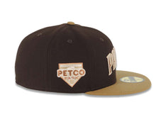 Load image into Gallery viewer, San Diego Padres New Era MLB 59FIFTY 5950 Fitted Cap Hat Dark Brown Crown Wheat Visor Matallic Brown/Cream Gradient Logo Petco Park Side Patch Gray UV
