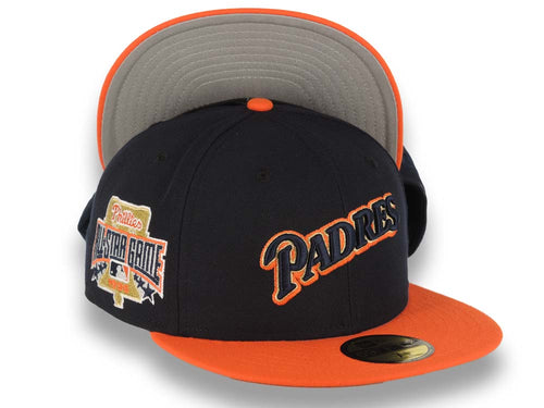 San Diego Padres New Era MLB 59FIFTY 5950 Fitted Cap Hat Navy Crown Orange Visor Navy/Metallic Gold Script Logo 1996 All-Star Game Side Patch Gray UV