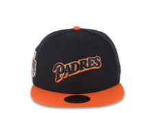 Load image into Gallery viewer, San Diego Padres New Era MLB 59FIFTY 5950 Fitted Cap Hat Navy Crown Orange Visor Navy/Metallic Gold Script Logo 1996 All-Star Game Side Patch Gray UV
