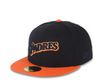 Load image into Gallery viewer, San Diego Padres New Era MLB 59FIFTY 5950 Fitted Cap Hat Navy Crown Orange Visor Navy/Metallic Gold Script Logo 1996 All-Star Game Side Patch Gray UV
