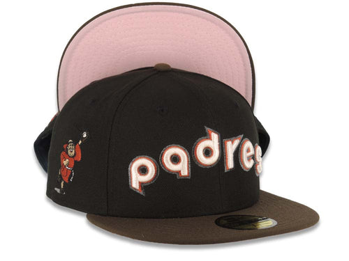 San Diego Padres New Era MLB 59FIFTY 5950 Fitted Cap Hat Black Crown Brown Visor Cream/Red/Metallic Gray Script Logo Catching Friar Side Patch Pink UV