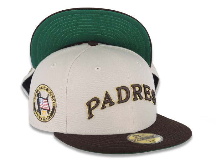 San Diego Padres New Era MLB 59FIFTY 5950 Fitted Cap Hat Stone Crown Dark Brown Visor Dark Brown/Metallic Gold Logo 1971 All-Star Game Side Patch