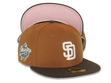 Load image into Gallery viewer, San Diego Padres New Era MLB 59FIFTY 5950 Fitted Cap Hat Toasted Peanut Crown Brown Visor Glow White Logo 1998 World Series Side Patch Pink UV
