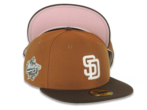 San Diego Padres New Era MLB 59FIFTY 5950 Fitted Cap Hat Toasted Peanut Crown Brown Visor Glow White Logo 1998 World Series Side Patch Pink UV