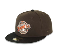 Load image into Gallery viewer, San Diego Padres New Era MLB 59FIFTY 5950 Fitted Cap Hat Brown Crown Black Visor Dark Orange/Brown Baseball Club Logo Batterman Batty Side Patch Green UV
