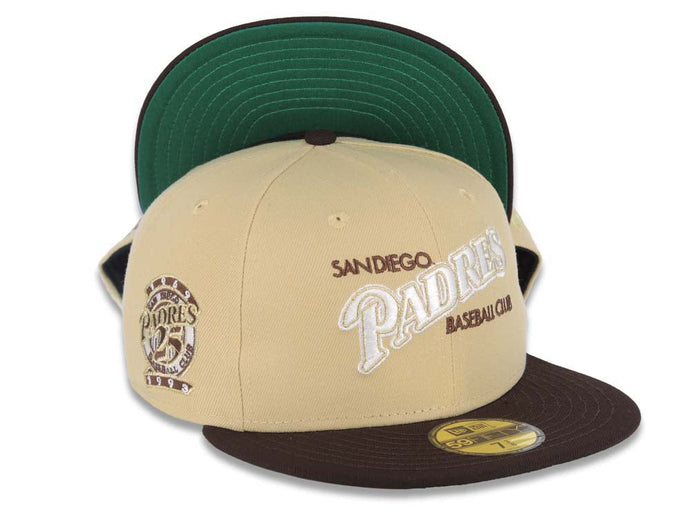 San Diego Padres New Era MLB 59FIFTY 5950 Fitted Cap Hat Vegas Gold Crown Dark Brown Visor White/Metallic Gold Script Logo 25th Anniversary Side Patch