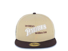 Load image into Gallery viewer, San Diego Padres New Era MLB 59FIFTY 5950 Fitted Cap Hat Vegas Gold Crown Dark Brown Visor White/Metallic Gold Script Logo 25th Anniversary Side Patch
