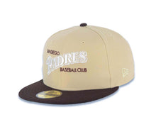 Load image into Gallery viewer, San Diego Padres New Era MLB 59FIFTY 5950 Fitted Cap Hat Vegas Gold Crown Dark Brown Visor White/Metallic Gold Script Logo 25th Anniversary Side Patch
