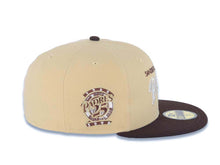 Load image into Gallery viewer, San Diego Padres New Era MLB 59FIFTY 5950 Fitted Cap Hat Vegas Gold Crown Dark Brown Visor White/Metallic Gold Script Logo 25th Anniversary Side Patch
