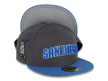 Load image into Gallery viewer, San Diego Padres New Era MLB 59FIFTY 5950 Fitted Cap Hat Dark Gray Crown Blue Visor Sky Blue/Moss Green Script Logo Batting Friar Side Patch Gray UV
