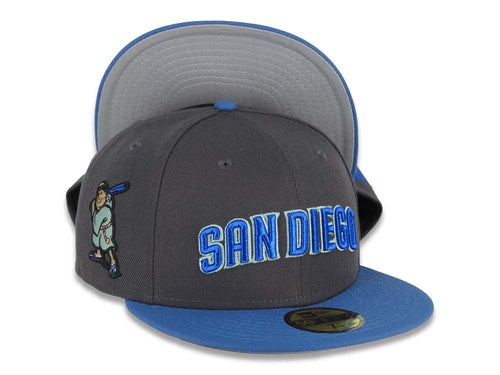 San Diego Padres New Era MLB 59FIFTY 5950 Fitted Cap Hat Dark Gray Crown Blue Visor Sky Blue/Moss Green Script Logo Batting Friar Side Patch Gray UV