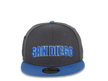 Load image into Gallery viewer, San Diego Padres New Era MLB 59FIFTY 5950 Fitted Cap Hat Dark Gray Crown Blue Visor Sky Blue/Moss Green Script Logo Batting Friar Side Patch Gray UV
