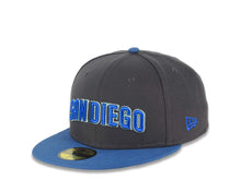 Load image into Gallery viewer, San Diego Padres New Era MLB 59FIFTY 5950 Fitted Cap Hat Dark Gray Crown Blue Visor Sky Blue/Moss Green Script Logo Batting Friar Side Patch Gray UV
