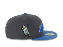 Load image into Gallery viewer, San Diego Padres New Era MLB 59FIFTY 5950 Fitted Cap Hat Dark Gray Crown Blue Visor Sky Blue/Moss Green Script Logo Batting Friar Side Patch Gray UV
