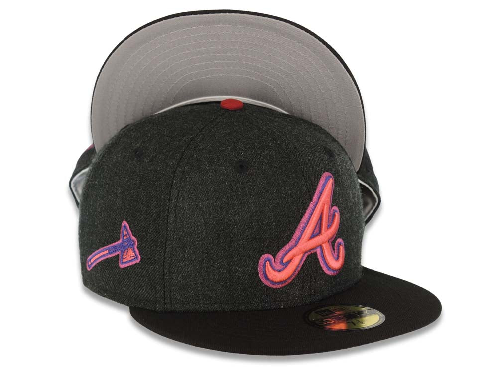 Atlanta Braves New Era MLB 59FIFTY 5950 Fitted Cap Hat Black Crown Black Visor Lava Red/Purple Logo Gray UV