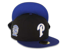 Load image into Gallery viewer, San Diego Padres New Era MLB 59FIFTY 5950 Fitted Cap Hat Black Crown Dark Royal Blue Visor Glow White/Metallic Silver 25th Anniversary Side Patch
