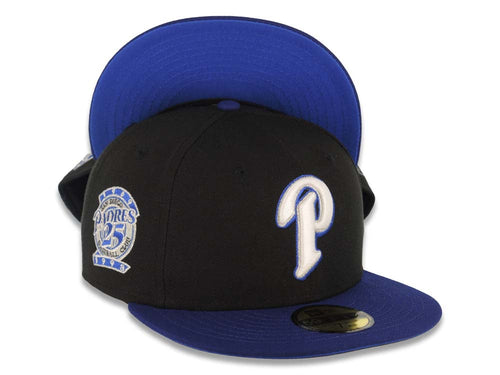 San Diego Padres New Era MLB 59FIFTY 5950 Fitted Cap Hat Black Crown Dark Royal Blue Visor Glow White/Metallic Silver 25th Anniversary Side Patch