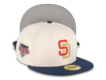 Load image into Gallery viewer, San Diego Padres New Era MLB 59FIFTY 5950 Fitted Cap Hat Cream Crown Navy Blue Visor Red/Gold Logo Petco Park Side Patch Gray UV
