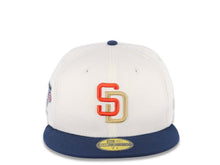 Load image into Gallery viewer, San Diego Padres New Era MLB 59FIFTY 5950 Fitted Cap Hat Cream Crown Navy Blue Visor Red/Gold Logo Petco Park Side Patch Gray UV
