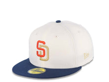 Load image into Gallery viewer, San Diego Padres New Era MLB 59FIFTY 5950 Fitted Cap Hat Cream Crown Navy Blue Visor Red/Gold Logo Petco Park Side Patch Gray UV
