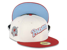 Load image into Gallery viewer, San Diego Padres New Era MLB 59FIFTY 5950 Fitted Cap Hat Cream Crown Maroon Visor Sky Blue/Maroon Logo 40th Anniversary Side Patch Sky Blue UV
