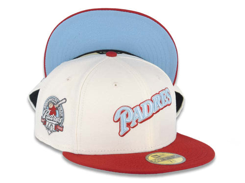 San Diego Padres New Era MLB 59FIFTY 5950 Fitted Cap Hat Cream Crown Maroon Visor Sky Blue/Maroon Logo 40th Anniversary Side Patch Sky Blue UV
