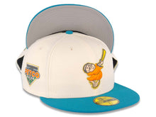 Load image into Gallery viewer, San Diego Padres New Era MLB 59FIFTY 5950 Fitted Cap Hat Cream Crown Teal Visor Orange/ Metallic Gold Petco Park Side Patch Gray UV
