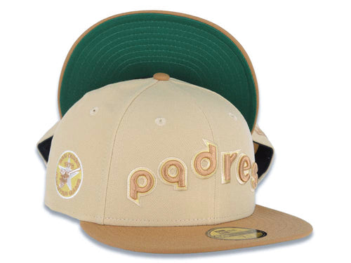San Diego Padres New Era MLB 59FIFTY 5950 Fitted Cap Hat Vegas Gold Crown Light Brown Visor Light Brown/Yellow Script Logo 1978 All-Star Game Side Patch