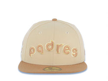 Load image into Gallery viewer, San Diego Padres New Era MLB 59FIFTY 5950 Fitted Cap Hat Vegas Gold Crown Light Brown Visor Light Brown/Yellow Script Logo 1978 All-Star Game Side Patch
