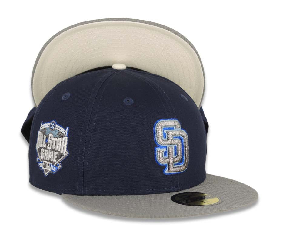 San Diego Padres New Era MLB 59FIFTY 5950 Fitted Cap Hat Navy Blue Crown Gray Visor Metallic Black/Blue Logo 2016 All-Star Game Side Patch Cream UV