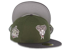 Load image into Gallery viewer, Arizona Diamondbacks New Era MLB 59FIFTY 5950 Fitted Cap Hat Olive Green Crown Gray Visor Metallic Gray/White Snake Logo 20th Anniversary Side Patch Gray UV
