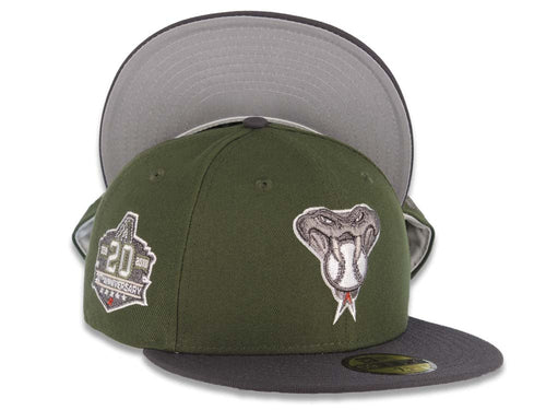 Arizona Diamondbacks New Era MLB 59FIFTY 5950 Fitted Cap Hat Olive Green Crown Gray Visor Metallic Gray/White Snake Logo 20th Anniversary Side Patch Gray UV