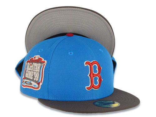 Boston Red Sox New Era MLB 59FIFTY 5950 Fitted Cap Hat Cardinal Blue Crown Dark Gray Visor Metallic Red/Cream Logo 1999 All-Star Game Side Patch Gray UV