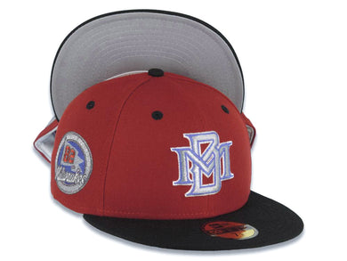 Milwaukee Brewers New Era MLB 59FIFTY 5950 Fitted Cap Hat Red Crown Black Visor Metallic Aluminum/Light Purple Logo 25th Silver Anniversary Side Patch Gray UV