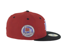 Load image into Gallery viewer, Milwaukee Brewers New Era MLB 59FIFTY 5950 Fitted Cap Hat Red Crown Black Visor Metallic Aluminum/Light Purple Logo 25th Silver Anniversary Side Patch Gray UV
