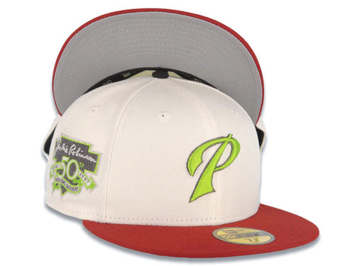 San Diego Padres New Era MLB 59FIFTY 5950 Fitted Cap Hat Cream Crown Red Visor Light Green P Script Logo 50th Anniversary Side Patch Gray UV