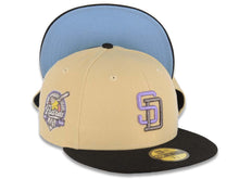 Load image into Gallery viewer, San Diego Padres New Era MLB 59FIFTY 5950 Fitted Cap Hat Vegas Gold Crown Black Visor Purple/Metallic Black Logo 40th Anniversary Side Patch Sky Blue
