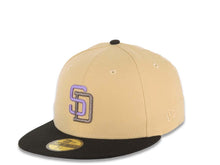 Load image into Gallery viewer, San Diego Padres New Era MLB 59FIFTY 5950 Fitted Cap Hat Vegas Gold Crown Black Visor Purple/Metallic Black Logo 40th Anniversary Side Patch Sky Blue
