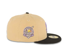 Load image into Gallery viewer, San Diego Padres New Era MLB 59FIFTY 5950 Fitted Cap Hat Vegas Gold Crown Black Visor Purple/Metallic Black Logo 40th Anniversary Side Patch Sky Blue
