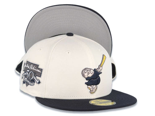 San Diego Padres New Era MLB 59FIFTY 5950 Fitted Cap Hat Cream Crown Navy Blue Visor Navy Swinging Friar Logo Jackie Robinson 50th Anniversary Side Patch