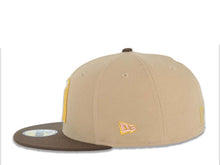 Load image into Gallery viewer, Mexico New Era 59FIFTY 5950 Fitted Cap Hat Khaki Crown Brown Visor Pink/Cream/Metallic Gold Logo Mexico Flag Side Patch Gray UV
