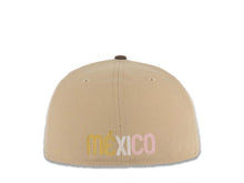 Load image into Gallery viewer, Mexico New Era 59FIFTY 5950 Fitted Cap Hat Khaki Crown Brown Visor Pink/Cream/Metallic Gold Logo Mexico Flag Side Patch Gray UV
